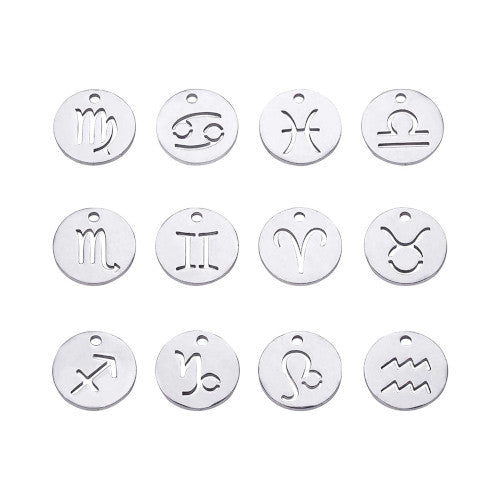 Charms, Zodiac Signs, Flat, Round, Stainless Steel, Silver, 12mm - BEADED CREATIONS