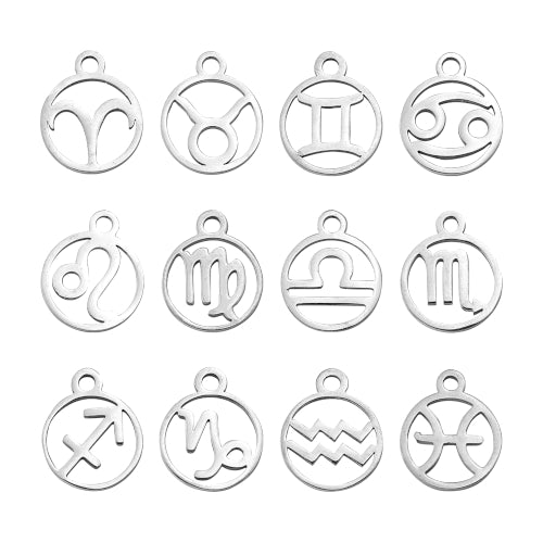 Charms, Zodiac Signs, Laser-Cut, Round, Stainless Steel, Silver, 13.4mm - BEADED CREATIONS