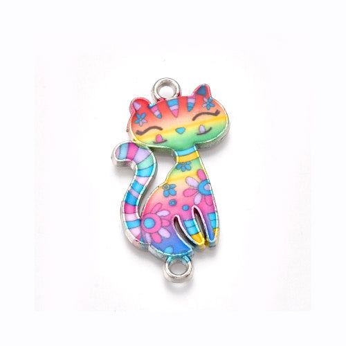 Connectors, Cats, Single-Sided, Multicolored, Enameled, Silver Tone, Alloy, 29.5mm - BEADED CREATIONS