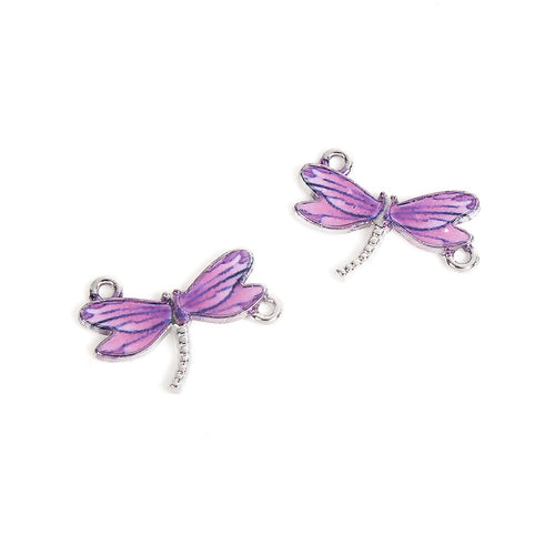 Connectors, Dragonfly, Purple, Black, Enamel, Silver, Alloy, 24mm - BEADED CREATIONS