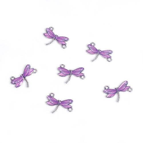 Connectors, Dragonfly, Purple, Black, Enamel, Silver, Alloy, 24mm - BEADED CREATIONS