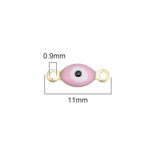 Connectors, Evil Eye, Nazar, Oval, Pink, Enameled, Light Gold, Brass, 11mm - BEADED CREATIONS