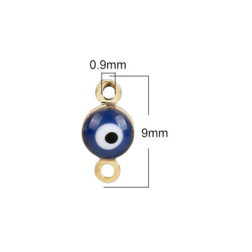 Connectors, Evil Eye, Nazar, Round, Blue, Enameled, Light Gold, Brass, 9mm - BEADED CREATIONS