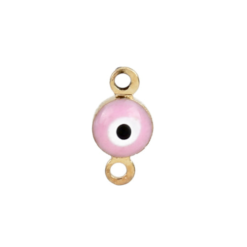 Connectors, Evil Eye, Nazar, Round, Pink, Enameled, Light Gold, Brass, 9mm - BEADED CREATIONS