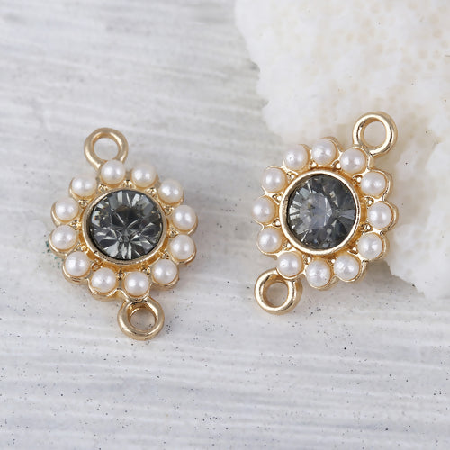 Connectors, Round, Faceted, Imitation Pearls, Grey, Rhinestone, Light Gold Alloy, 17mm - BEADED CREATIONS