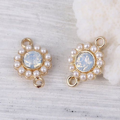 Connectors, Round, Faceted, Imitation Pearls, Light Blue, Rhinestone, Light Gold Alloy, 17mm - BEADED CREATIONS
