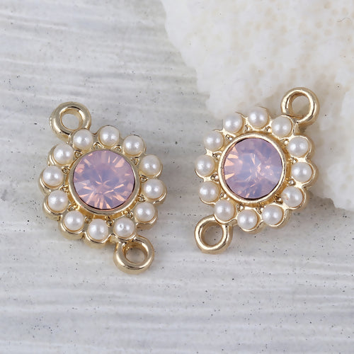 Connectors, Round, Faceted, Imitation Pearls, Pink, Rhinestone, Light Gold Alloy, 17mm - BEADED CREATIONS