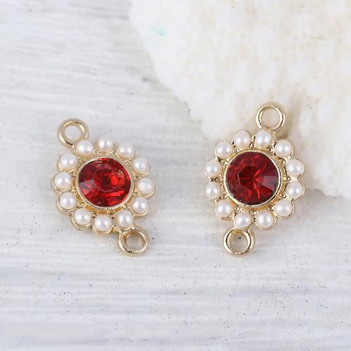 Connectors, Round, Faceted, Imitation Pearls, Red, Rhinestone, Light Gold Alloy, 17mm - BEADED CREATIONS