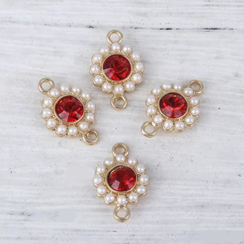 Connectors, Round, Faceted, Imitation Pearls, Red, Rhinestone, Light Gold Alloy, 17mm - BEADED CREATIONS
