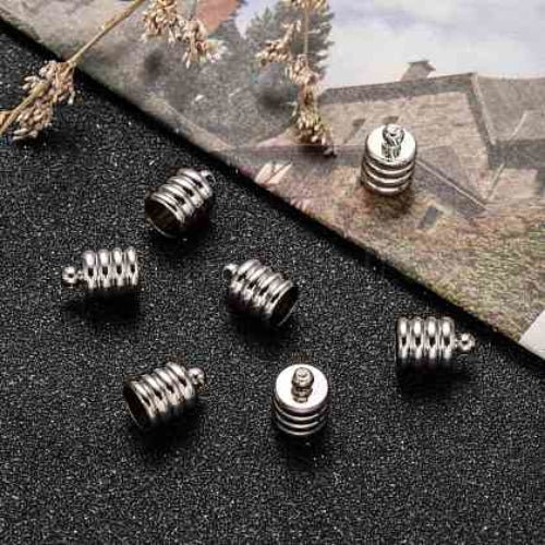 Cord Ends, Barrel, Glue-In, Grooved, Silver Tone, Brass, 11x8mm - BEADED CREATIONS