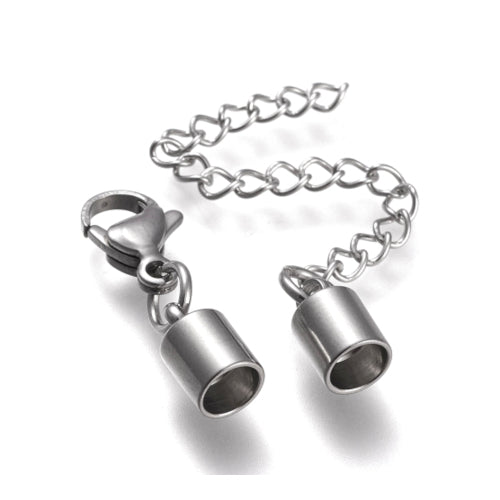 Cord Ends, Stainless Steel, Cylinder, With Extender Chain And Clasp, Silver, 9.5x6mm - BEADED CREATIONS