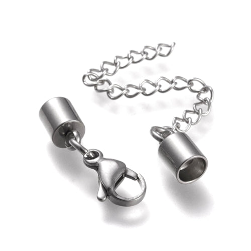 Cord Ends, Stainless Steel, Cylinder, With Extender Chain And Clasp, Silver, 9.5x6mm - BEADED CREATIONS