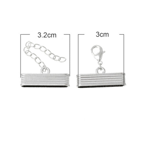 Cord Ends, Alloy, With Clasp And Chain, Glue-In, Silver, 32x14mm - BEADED CREATIONS