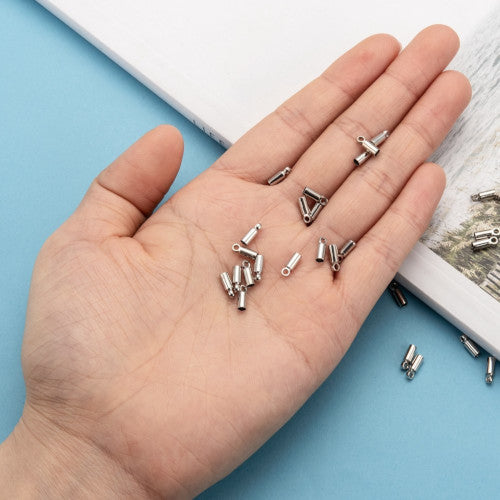 Cord Ends, Brass, Cylinder, Glue-In, Silver, 8x2.8mm - BEADED CREATIONS