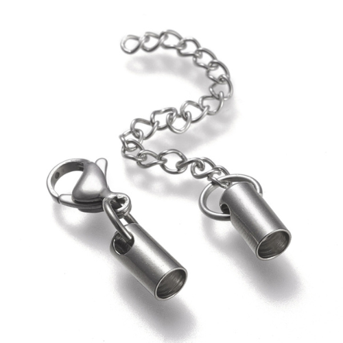 Cord Ends, Stainless Steel, Cylinder, With Chain And Clasp, Silver, 9.5x4.5mm - BEADED CREATIONS
