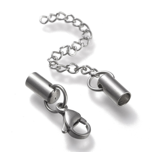 Cord Ends, Stainless Steel, Cylinder, With Chain And Clasp, Silver, 9.5x4.5mm - BEADED CREATIONS
