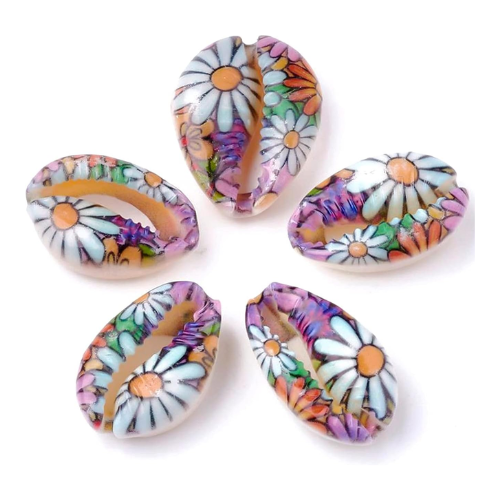 Cowrie Shell Beads, Painted, Daisy Flowers, 20-25mm - BEADED CREATIONS