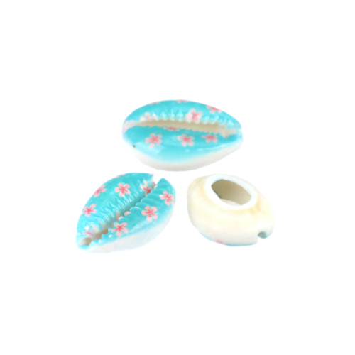 Cowrie Shell Beads, Painted, Floral, Tropical Blue, Pink, 25mm - BEADED CREATIONS