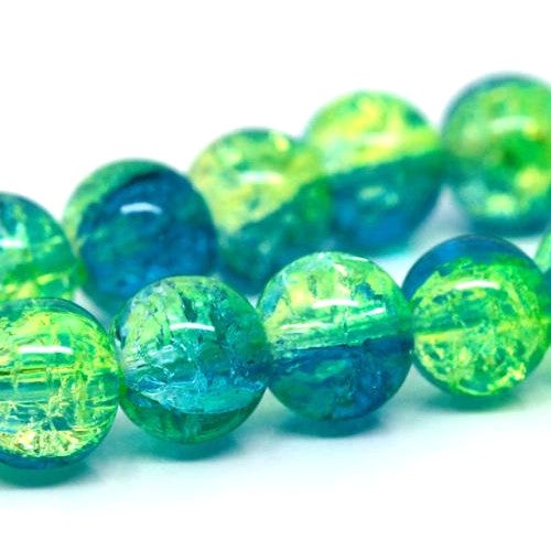 Crackle Glass Beads, Round, Transparent, Two-Tone, Green, Aqua Blue, 10mm - BEADED CREATIONS