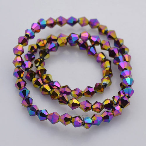 Crystal Glass Beads, Bicone, Top Drilled, Faceted, Electroplated, Indigo, Rainbow, 4mm - BEADED CREATIONS