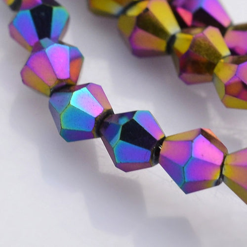 Crystal Glass Beads, Bicone, Top Drilled, Faceted, Electroplated, Indigo, Rainbow, 4mm - BEADED CREATIONS