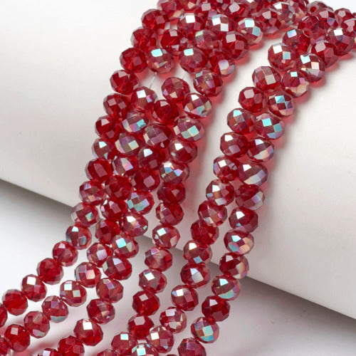 Crystal Glass Beads, Electroplated, Rondelle, Faceted, Half Coat, Dark Red, AB, 4mm - BEADED CREATIONS