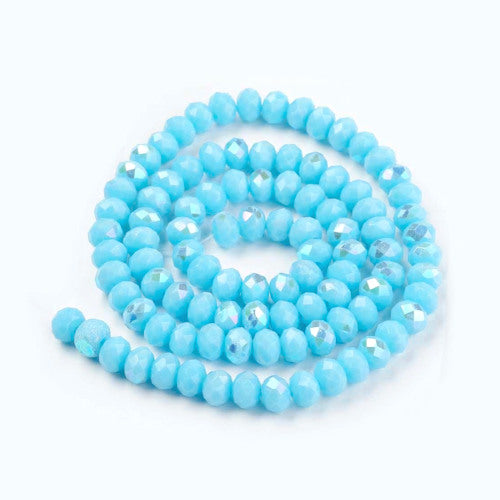 Crystal Glass Beads, Electroplated, Rondelle, Faceted, Opaque, Sky Blue, Half AB Plated, 4mm - BEADED CREATIONS