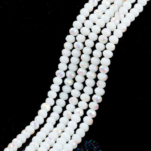 Crystal Glass Beads, Electroplated, Rondelle, Faceted, Opaque, White, Half AB Plated, 4mm - BEADED CREATIONS