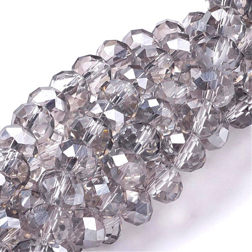 Crystal Glass Beads, Rondelle, Faceted, Half-Plated, Light Grey, 8mm - BEADED CREATIONS