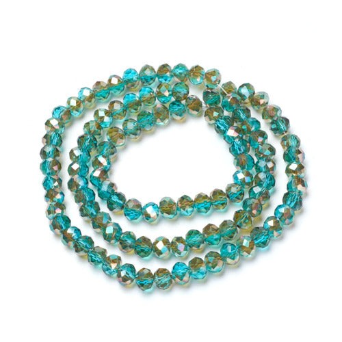 Crystal Glass Beads, Rondelle, Faceted, Half-Plated, Teal, AB, 4mm - BEADED CREATIONS