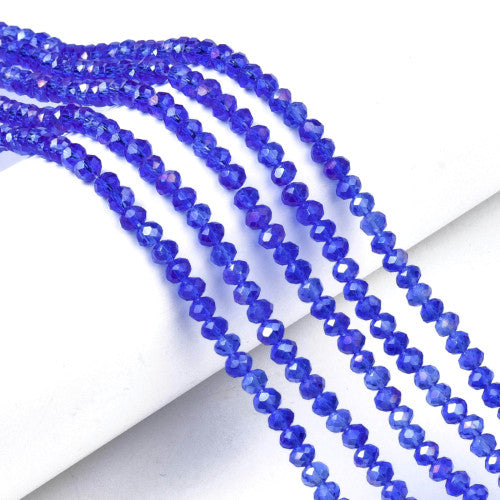 Crystal Glass Beads, Rondelle, Faceted, Medium Blue, AB, 4mm - BEADED CREATIONS