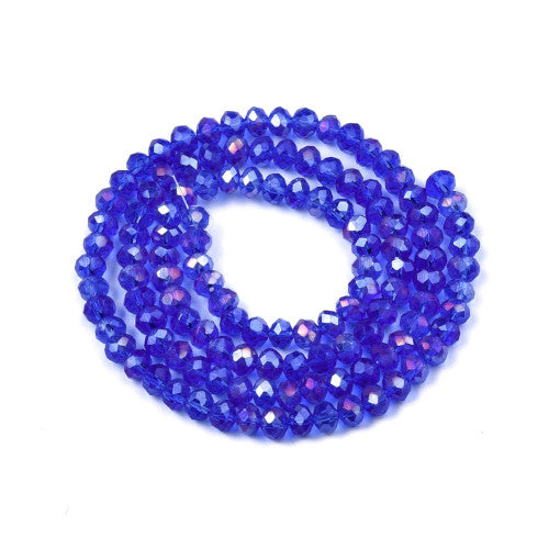 Crystal Glass Beads, Rondelle, Faceted, Medium Blue, AB, 4mm - BEADED CREATIONS