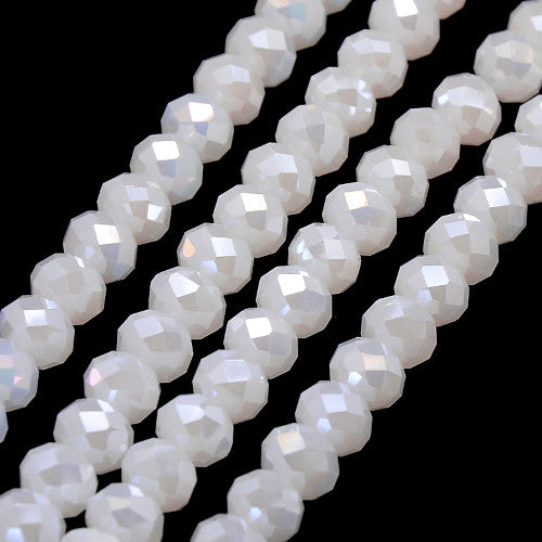 Crystal Glass Beads, Rondelle, Faceted, Opaque, White AB, 10mm - BEADED CREATIONS