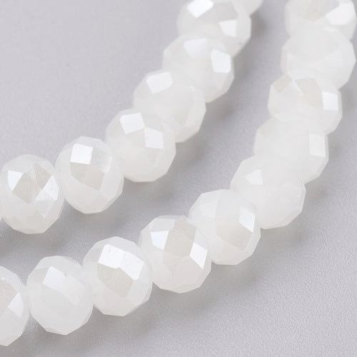 Crystal Glass Beads, Rondelle, Faceted, Opaque, White, AB, 6mm - BEADED CREATIONS