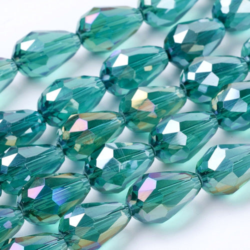 Crystal Glass Beads, Teardrop, Electroplated, Faceted, Cyan, AB, 15mm - BEADED CREATIONS
