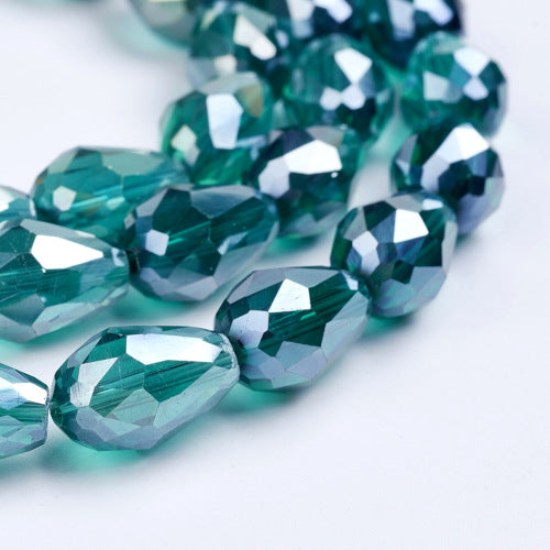 Crystal Glass Beads, Teardrop, Electroplated, Faceted, Cyan, AB, 15mm - BEADED CREATIONS