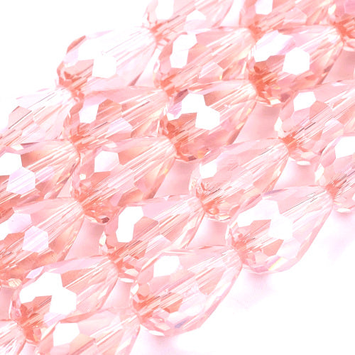 Crystal Glass Beads, Teardrop, Electroplated, Faceted, Pearl Luster, Light Salmon, 15mm - BEADED CREATIONS