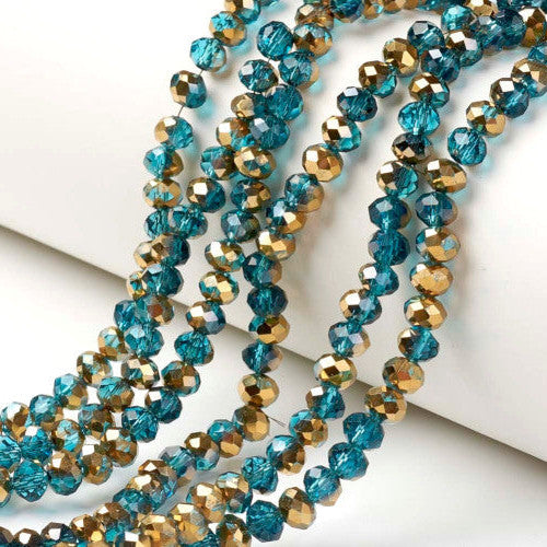 Crystal Glass Beads, Rondelle, Faceted, Golden, Dark Cyan, 6mm - BEADED CREATIONS