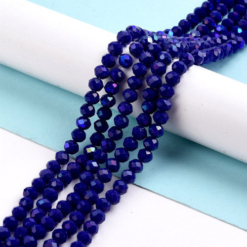 Crystal Glass Beads, Rondelle, Faceted, Opaque, Dark Blue AB, 4mm - BEADED CREATIONS