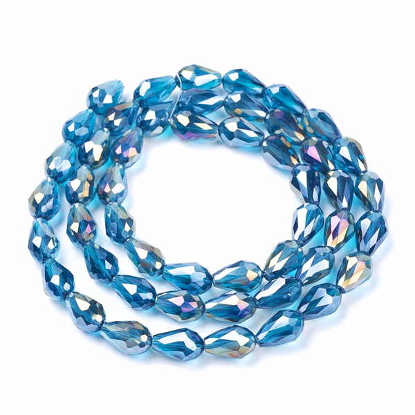 Crystal Glass Beads, Teardrop, Faceted, Deep Sky Blue, AB, 15mm - BEADED CREATIONS