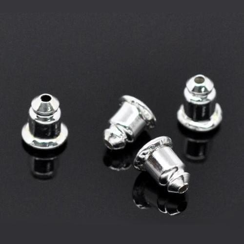 Ear Nuts, Iron, Mechanical Grip, Bullet, Silver Plated, 6x5mm - BEADED CREATIONS