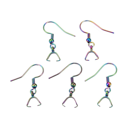 Earring Hooks, 304 Stainless Steel, Ear Wires, Ball And Coil, With Ice Pick Pinch Bails, Electroplated, Rainbow, 27mm - BEADED CREATIONS
