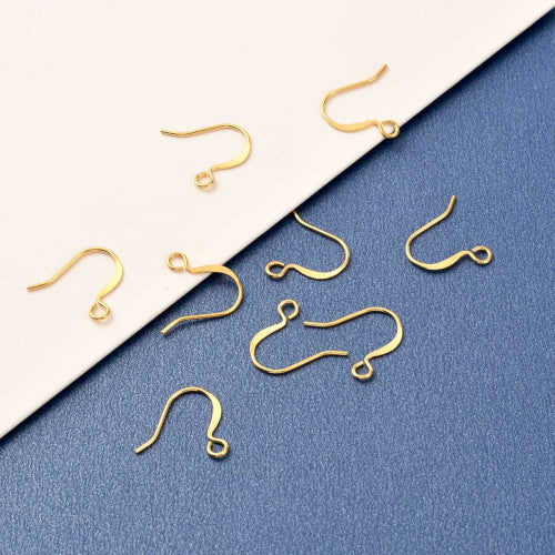 Earring Hooks, Brass, Flat, With Open Loop, 18K Gold Plated, 14mm - BEADED CREATIONS