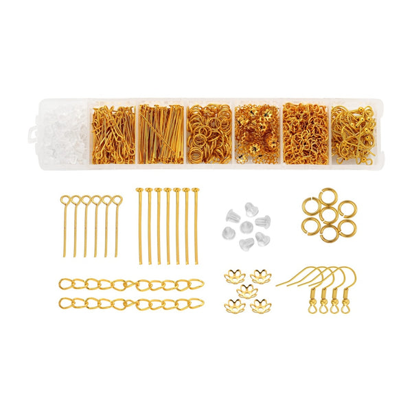 Earring Making Kit, Golden, Earring Hooks, Ear Nuts, Head &amp; Eye Pins, Jump Rings, Bead Caps, Extender Chains - BEADED CREATIONS