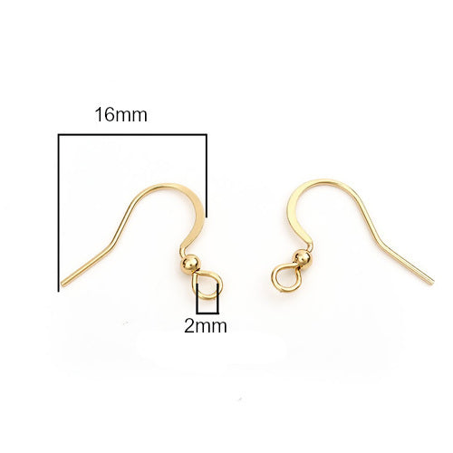 Earring Hooks, Stainless Steel, Flat, With Ball, 18K Gold Plated, 16mm - BEADED CREATIONS