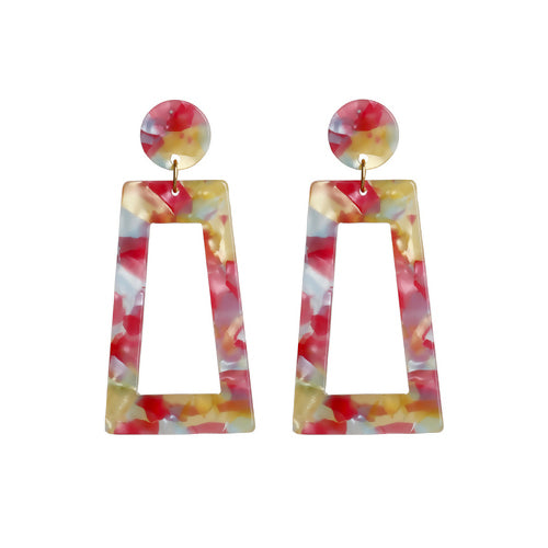 Earrings, Trapezoid, With Post, Cellulose Acetate, Pink, Yellow, Multicolored, 66mm - BEADED CREATIONS