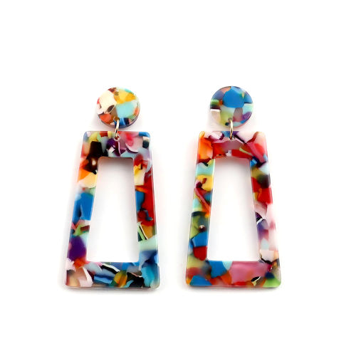 Earrings, Trapezoid, With Post, Cellulose Acetate, Red, Blue, Multicolored, 66mm - BEADED CREATIONS