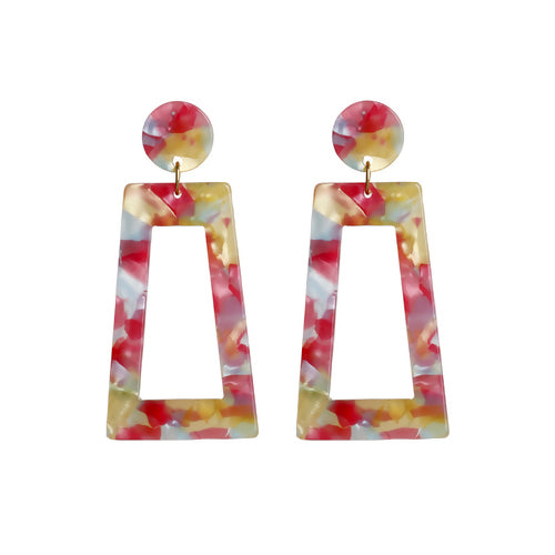 Earrings, Trapezoid, With Post, Resin, Pink, Light Yellow, 66mm - BEADED CREATIONS