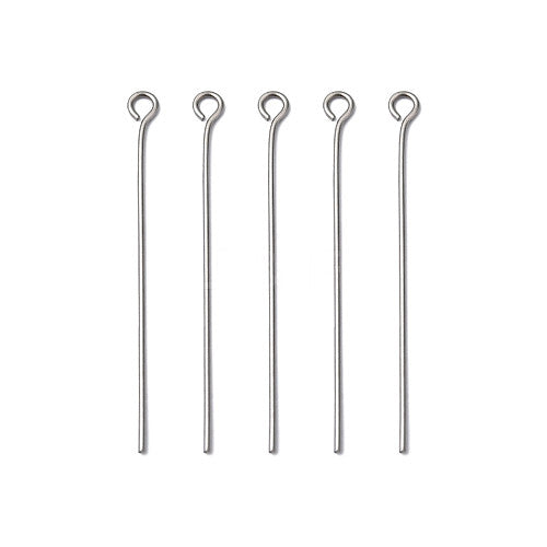Eye Pins, Stainless Steel, Silver, 21 Gauge, 40mm - BEADED CREATIONS