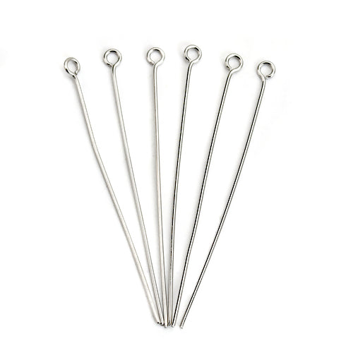 Eye Pins, Stainless Steel, Silver, 21 Gauge, 65mm - BEADED CREATIONS